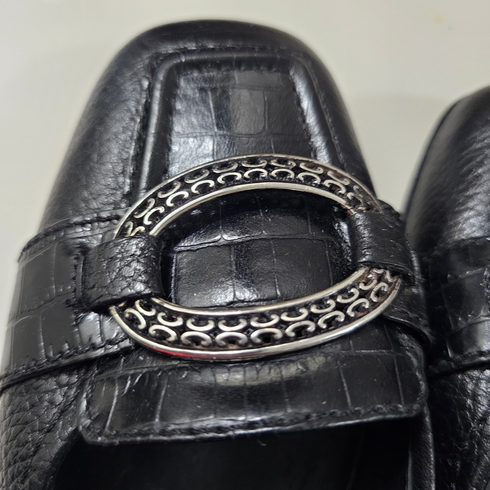 Brighton Black Pebbled Leather Croc Embossed Loafers Silver Buckle 7.5M Office - Picture 4 of 7